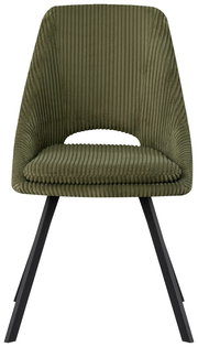Moderner grüner Stuhl mit geripptem Stoffbezug und schwarzen Metallbeinen, Frontalansicht