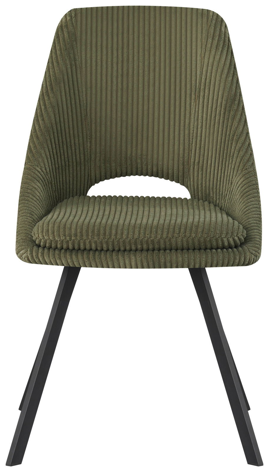 Moderner grüner Stuhl mit geripptem Stoffbezug und schwarzen Metallbeinen, Frontalansicht