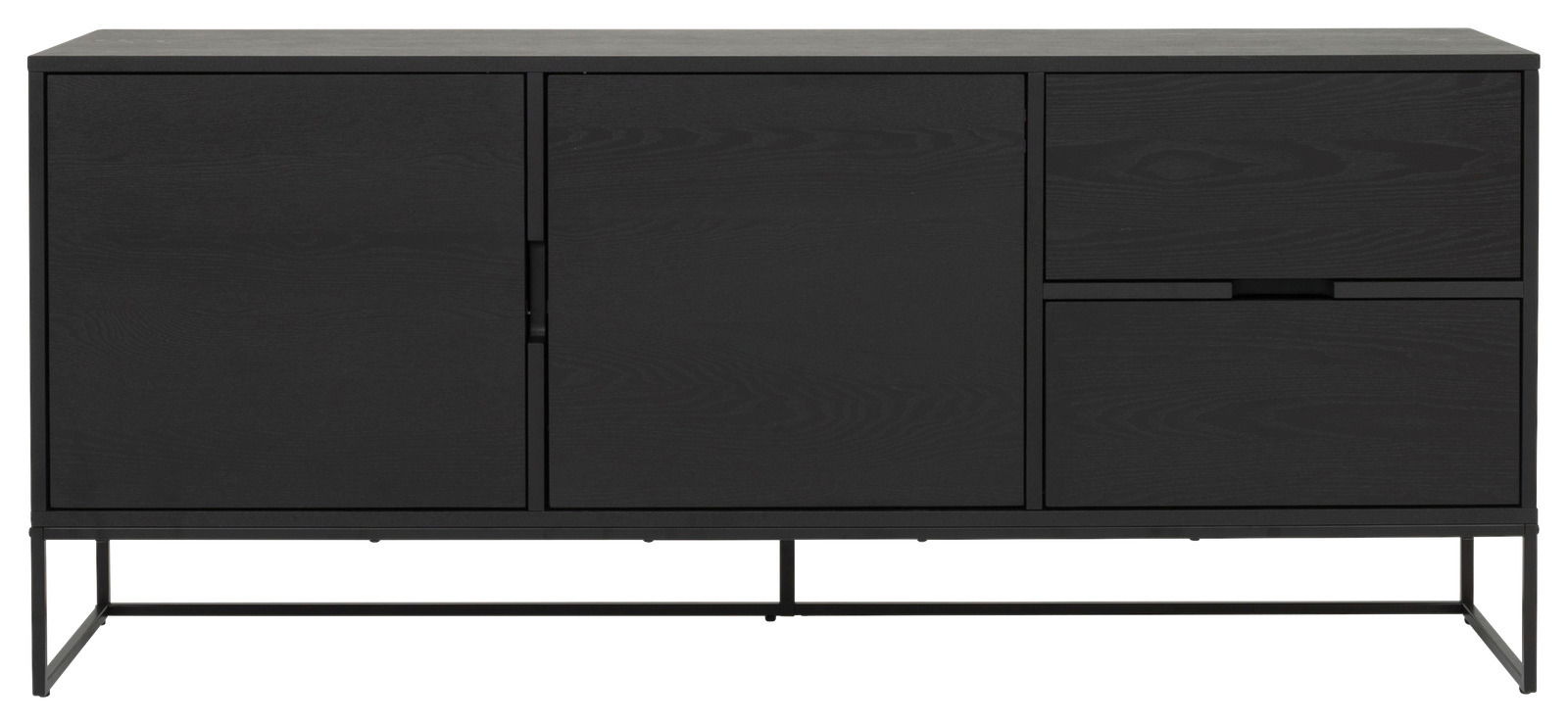 Schwarzes Sideboard mit drei Türen und zwei Schubladen, frontale Ansicht
