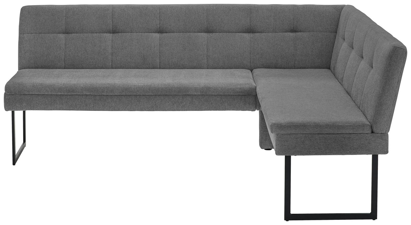Graue Eckbank mit modernem Design, rechteckigen Metallbeinen und gepolsterten Sitzflächen, seitliche Perspektive