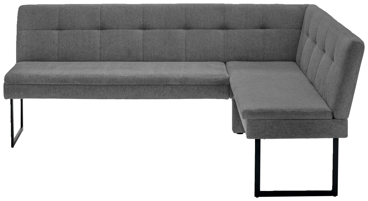 Graue Eckbank mit modernem Design, rechteckigen Metallbeinen und gepolsterten Sitzflächen, seitliche Perspektive