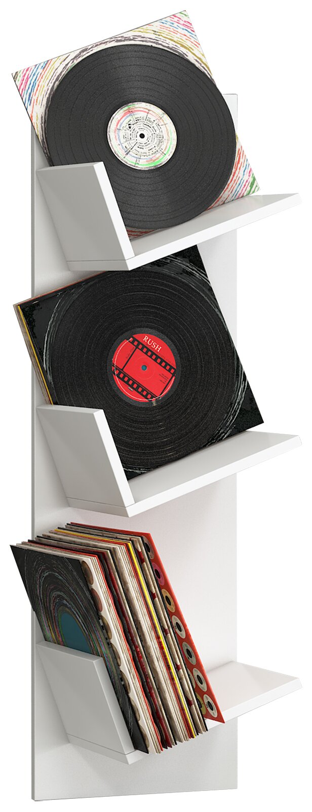 Weißer, vertikaler Schallplattenständer mit drei geneigten Ablagen, auf denen Vinylplatten und Plattencover präsentiert werden; Produktansicht in leicht schräger Frontperspektive.