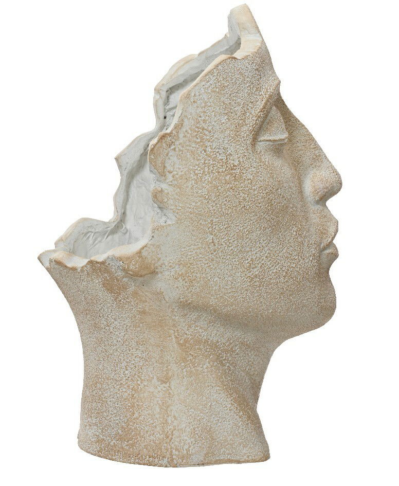 Blumentopf in Form eines antiken Kopfes, seitliche Perspektive