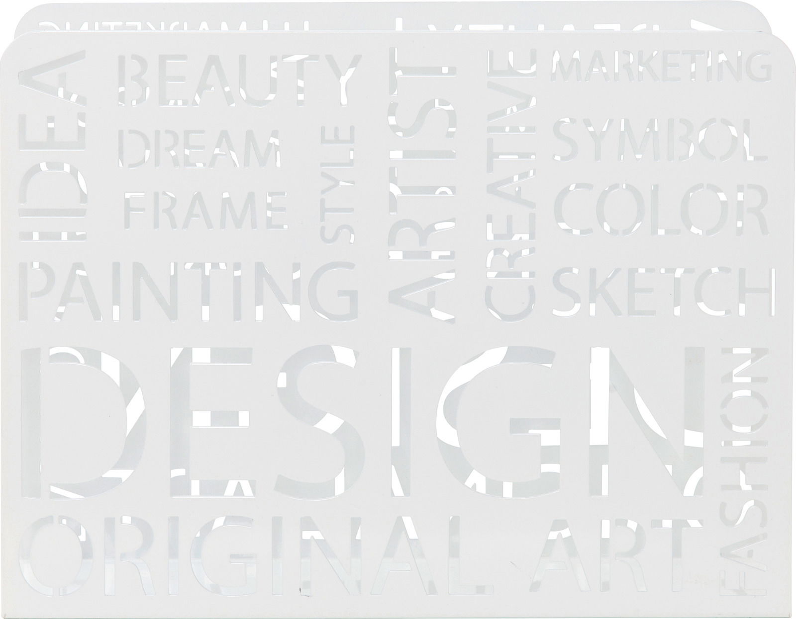 Moderner Zeitungsständer aus Metall mit ausgestanzten Wörtern wie 'DESIGN' und 'ART', Vorderansicht.