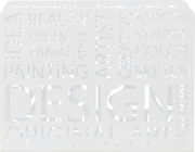 Moderner Zeitungsständer aus Metall mit ausgestanzten Wörtern wie 'DESIGN' und 'ART', Vorderansicht.