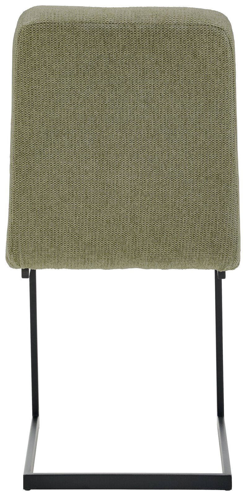 Rückansicht eines Schwingstuhls mit olivgrünem Stoffbezug und schwarzem Metallgestell.
