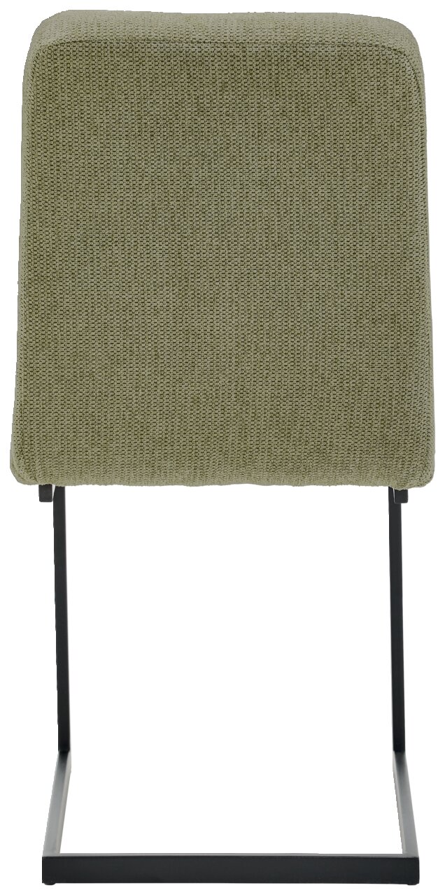 Rückansicht eines Schwingstuhls mit olivgrünem Stoffbezug und schwarzem Metallgestell.