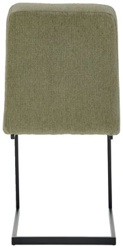 Rückansicht eines Schwingstuhls mit olivgrünem Stoffbezug und schwarzem Metallgestell.