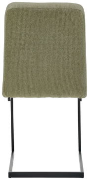 Rückansicht eines Schwingstuhls mit olivgrünem Stoffbezug und schwarzem Metallgestell.