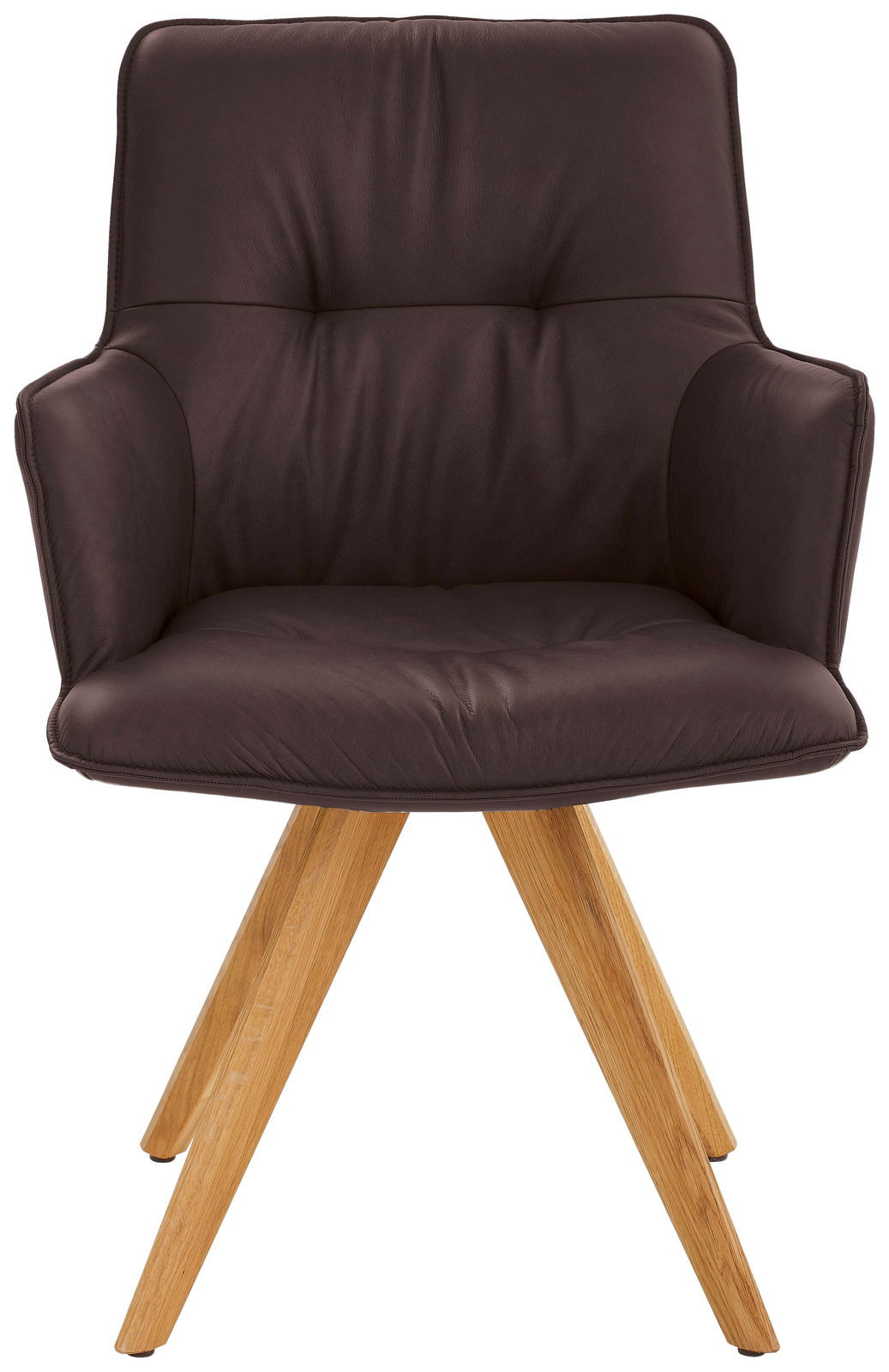 Design-Schalensessel in dunklem Leder mit Holzbeinen, Frontalansicht