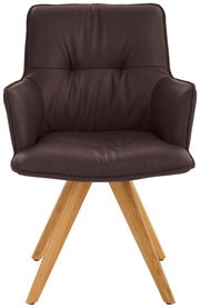 Design-Schalensessel in dunklem Leder mit Holzbeinen, Frontalansicht