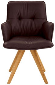 Design-Schalensessel in dunklem Leder mit Holzbeinen, Frontalansicht