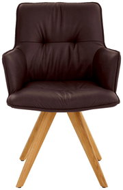 Design-Schalensessel in dunklem Leder mit Holzbeinen, Frontalansicht