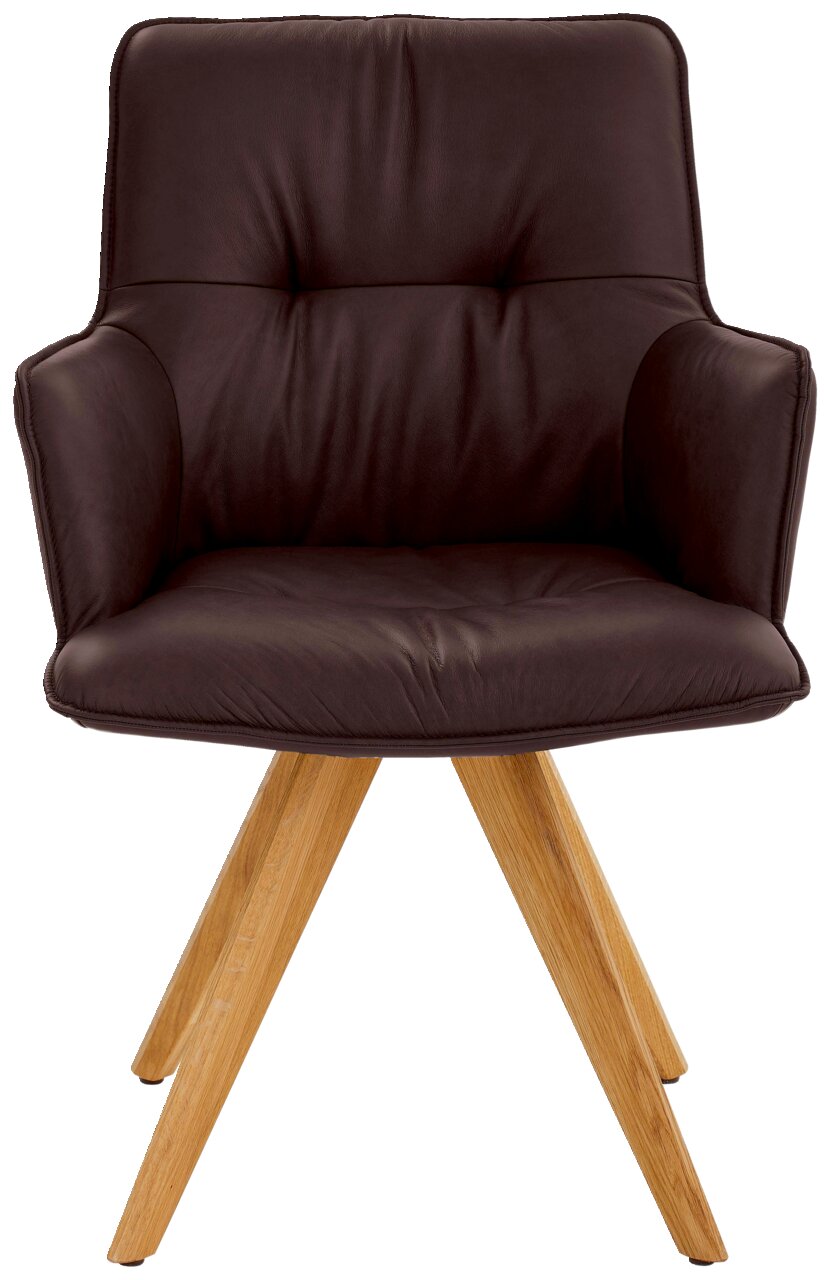 Design-Schalensessel in dunklem Leder mit Holzbeinen, Frontalansicht