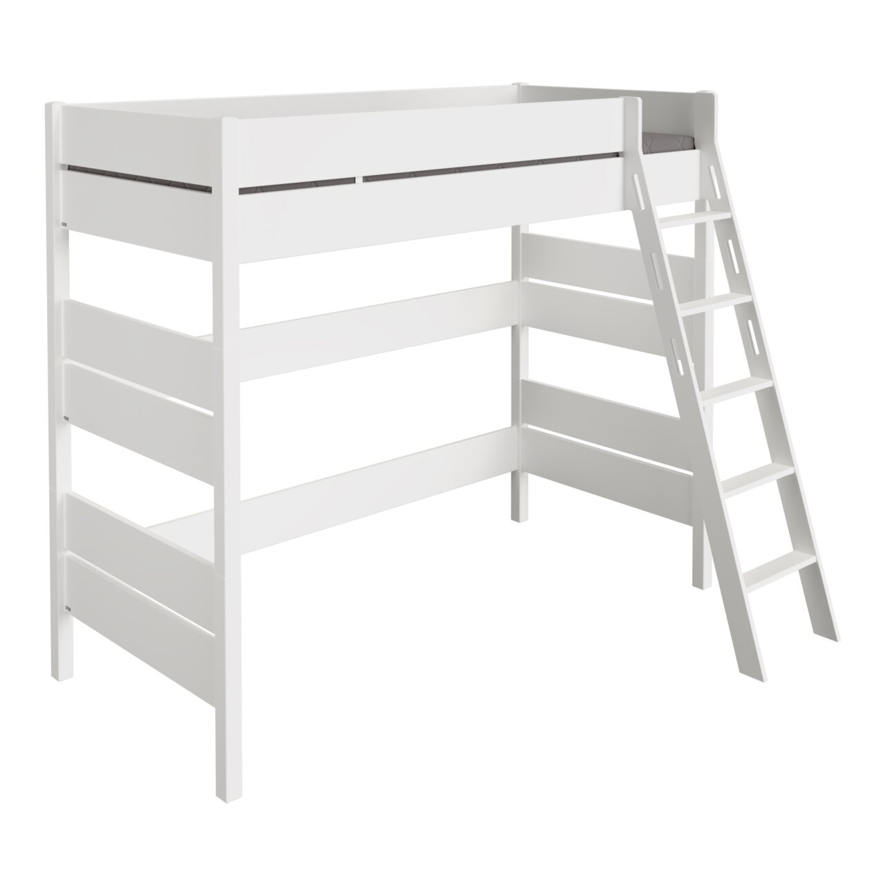 Weißes Hochbett mit Leiter, seitliche Perspektive