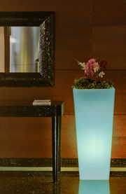 Hoher, leuchtender Blumentopf Melisa 50 mit Orchideen und Grünpflanzen, seitliche Perspektive.