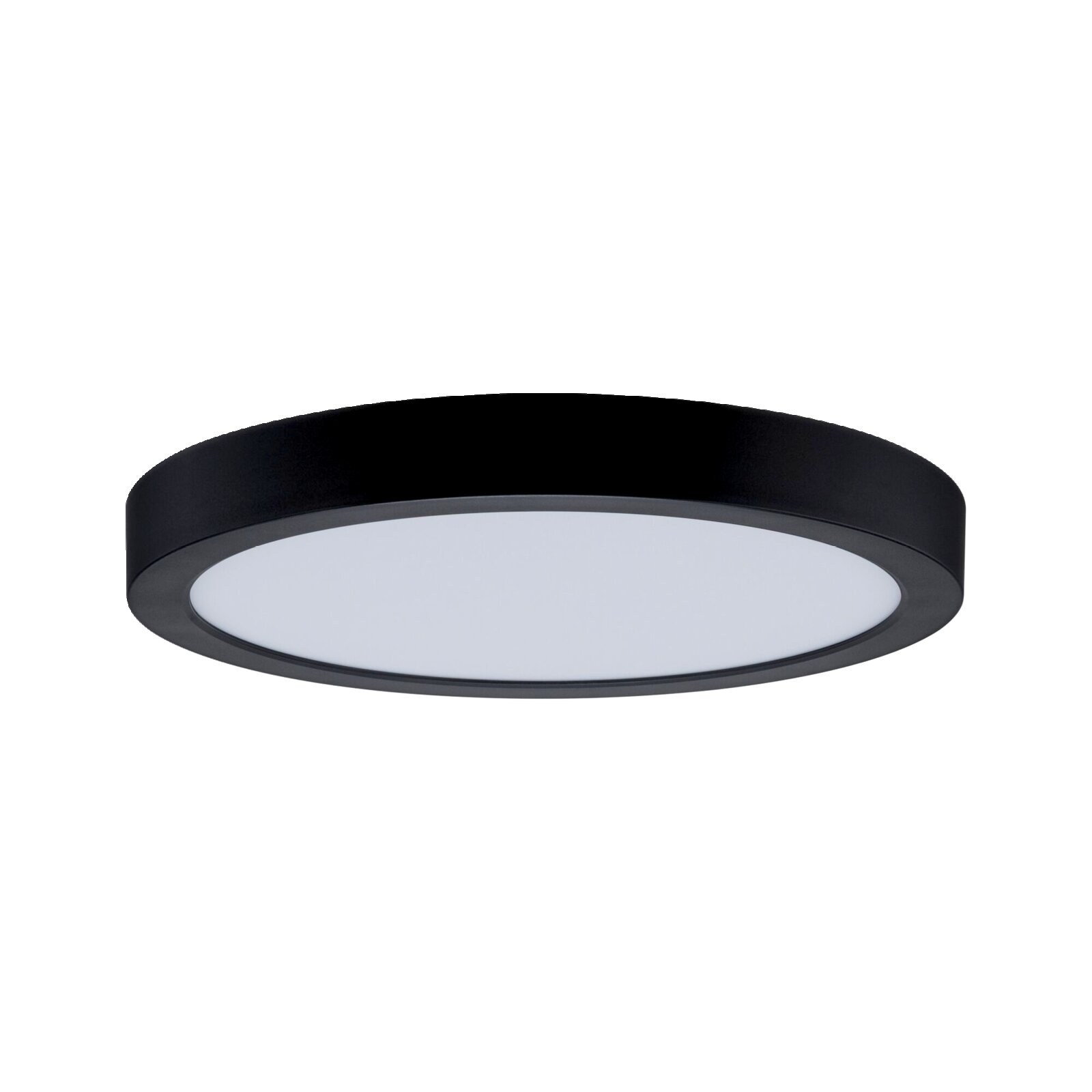 Runde, flache LED-Deckenleuchte in Schwarz mit opaler Diffusor-Abdeckung, freigestellt auf weißem Hintergrund, Ansicht leicht von unten (Unterseite sichtbar).