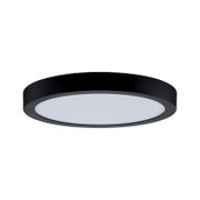 Runde, flache LED-Deckenleuchte in Schwarz mit opaler Diffusor-Abdeckung, freigestellt auf weißem Hintergrund, Ansicht leicht von unten (Unterseite sichtbar).