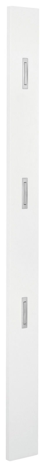 Weißes Garderobenpaneel mit drei Haken, seitliche Perspektive