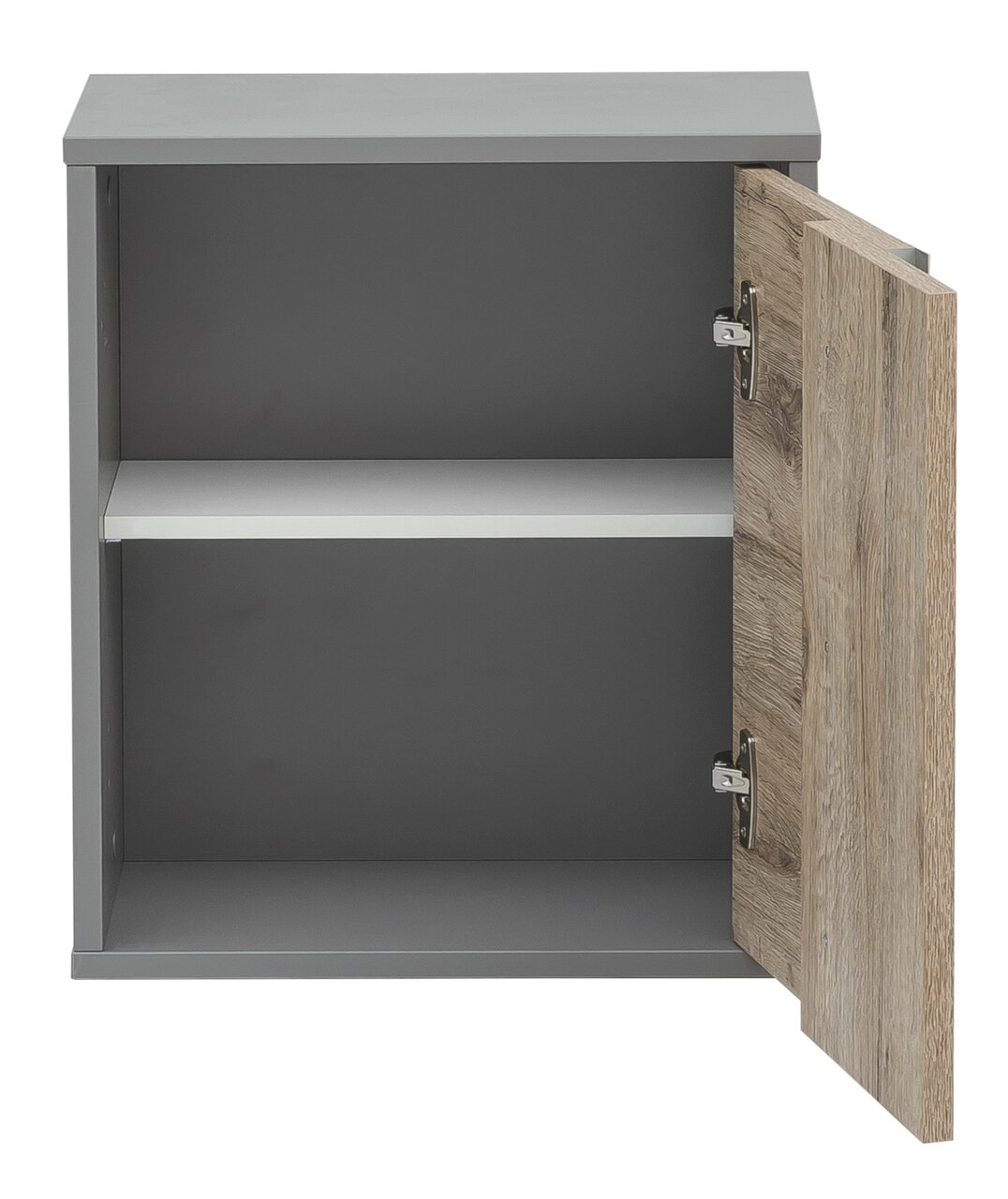 Grauer Oberschrank mit einer offenen Holztür, Innenansicht mit einem Regalbrett, frontale Perspektive