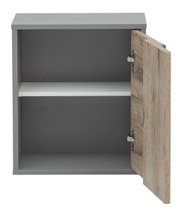 Grauer Oberschrank mit einer offenen Holztür, Innenansicht mit einem Regalbrett, frontale Perspektive
