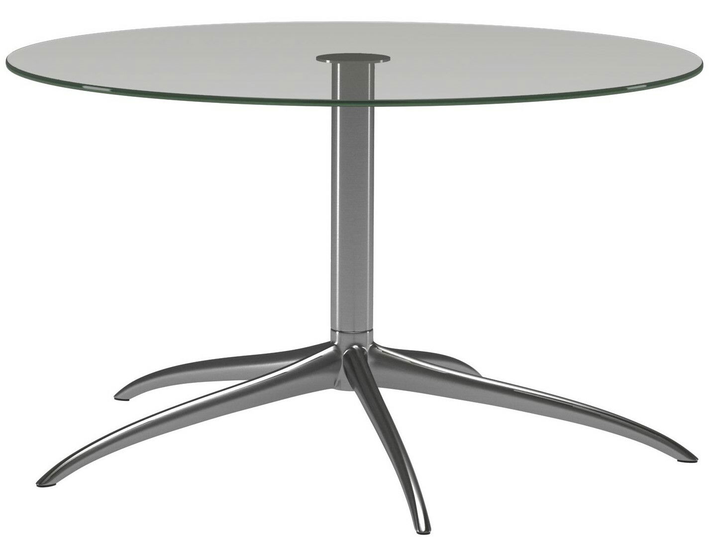 Moderner runder Couchtisch mit Glasplatte und metallischem Standfuß, seitliche Perspektive