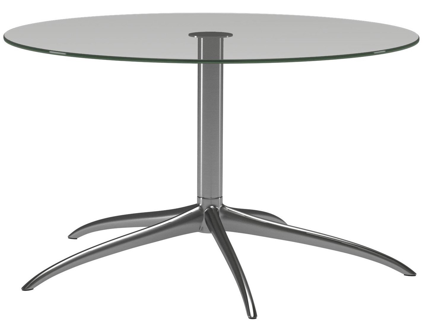 Moderner runder Couchtisch mit Glasplatte und metallischem Standfuß, seitliche Perspektive