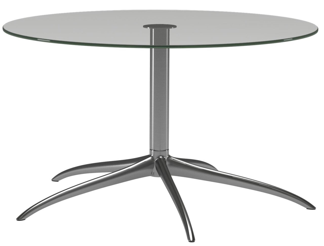 Moderne ronde salontafel met glazen blad en metalen onderstel, zijaanzicht