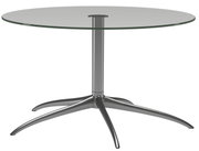 Moderne ronde salontafel met glazen blad en metalen onderstel, zijaanzicht