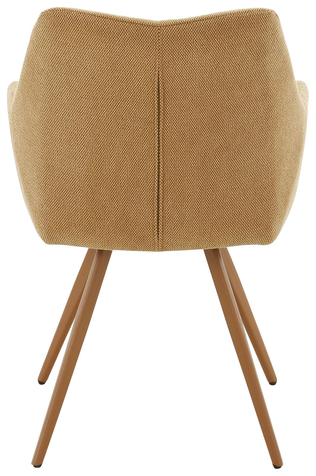 Rückansicht eines Armlehnstuhls mit braunem Stoffbezug und vier schrägen Holzbeinen.