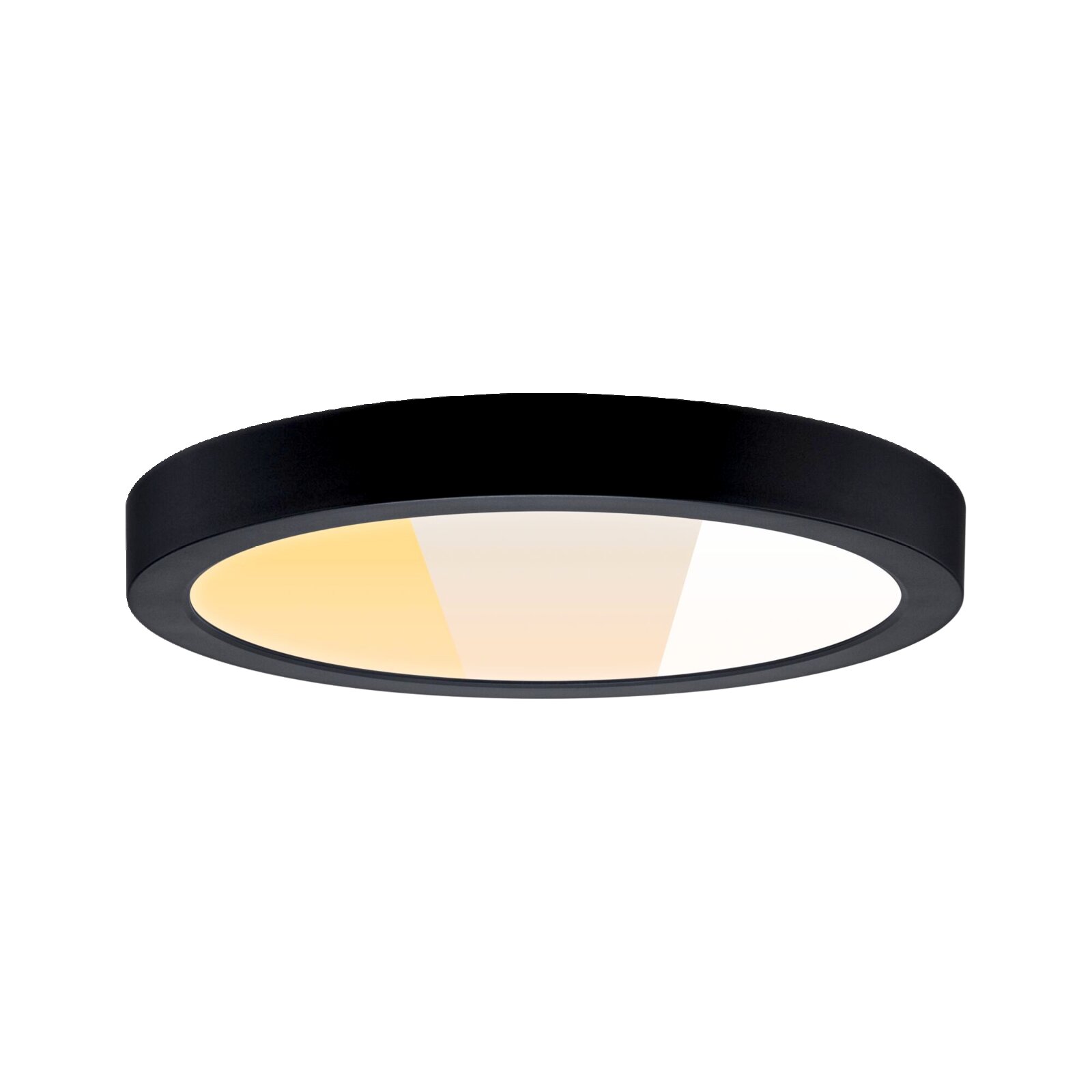 Runde, flache LED-Deckenleuchte in Schwarz mit diffuser Abdeckung und warmweißem Licht, Ansicht von unten in leichter Untersicht vor weißem Hintergrund