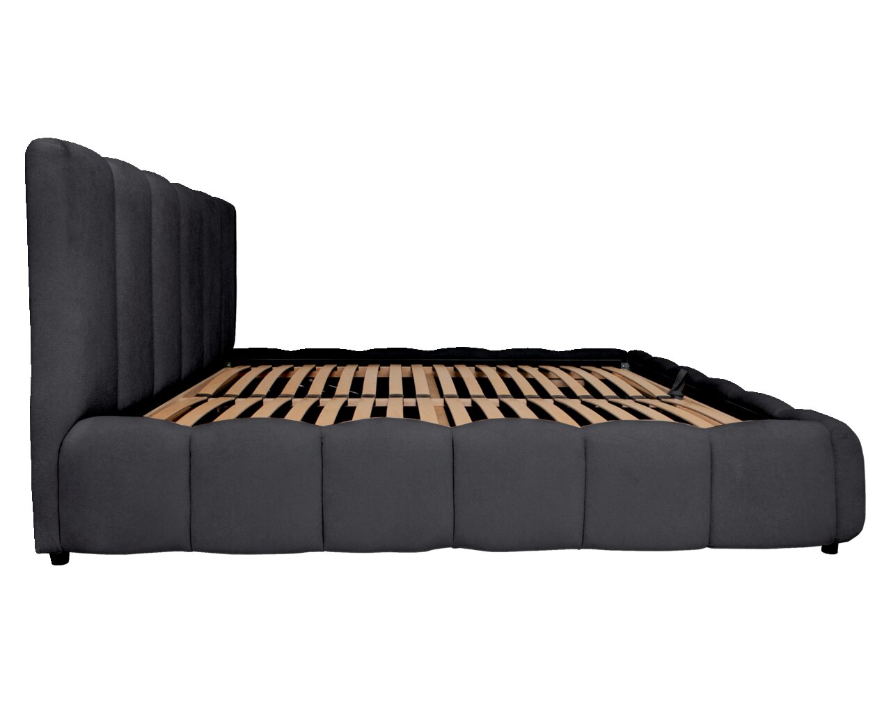 Seitliche Ansicht eines grauen Polsterbettgestells mit Lattenrost.