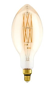 Vintage LED filamentlamp met amberkleurig glas en E27-fitting, frontaal productaanzicht op witte achtergrond