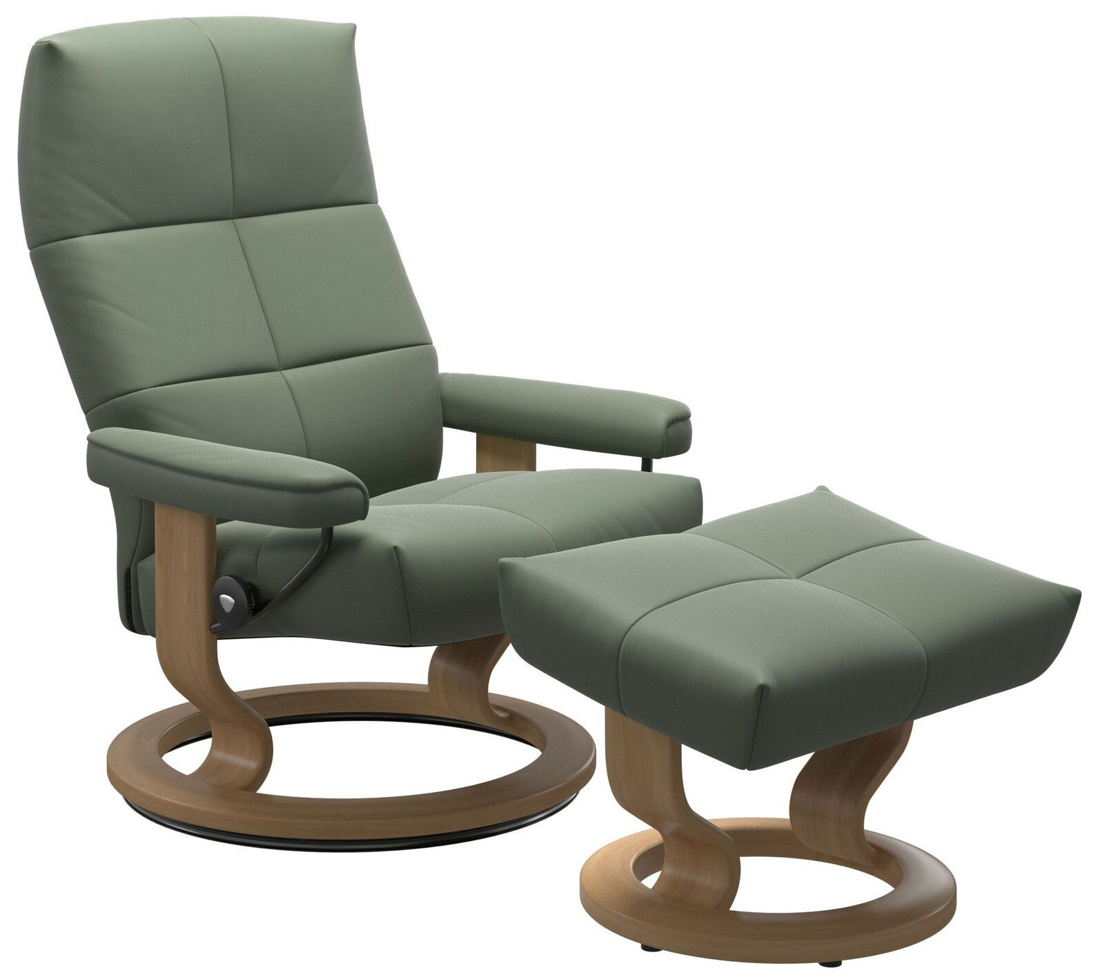 Grüner Einzelsessel mit passendem Hocker, aus Holz und Leder, seitliche Perspektive