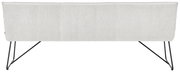 Rückansicht einer modernen Sitzbank mit hellem Stoffbezug und schwarzen Metallbeinen.