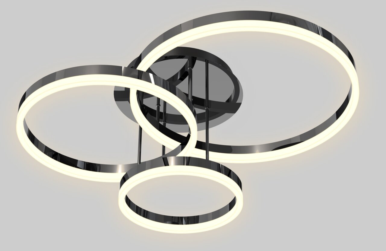 Moderne Deckenleuchte mit drei ineinander verschlungenen, leuchtenden Ringen aus der Perspektive von unten betrachtet.