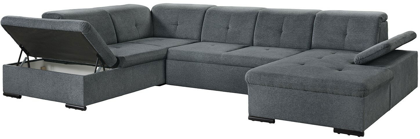 Graues Ecksofa mit Stauraum, Ansicht von schräg vorne.