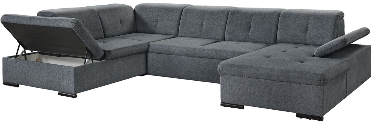 Graues Ecksofa mit Stauraum, Ansicht von schräg vorne.