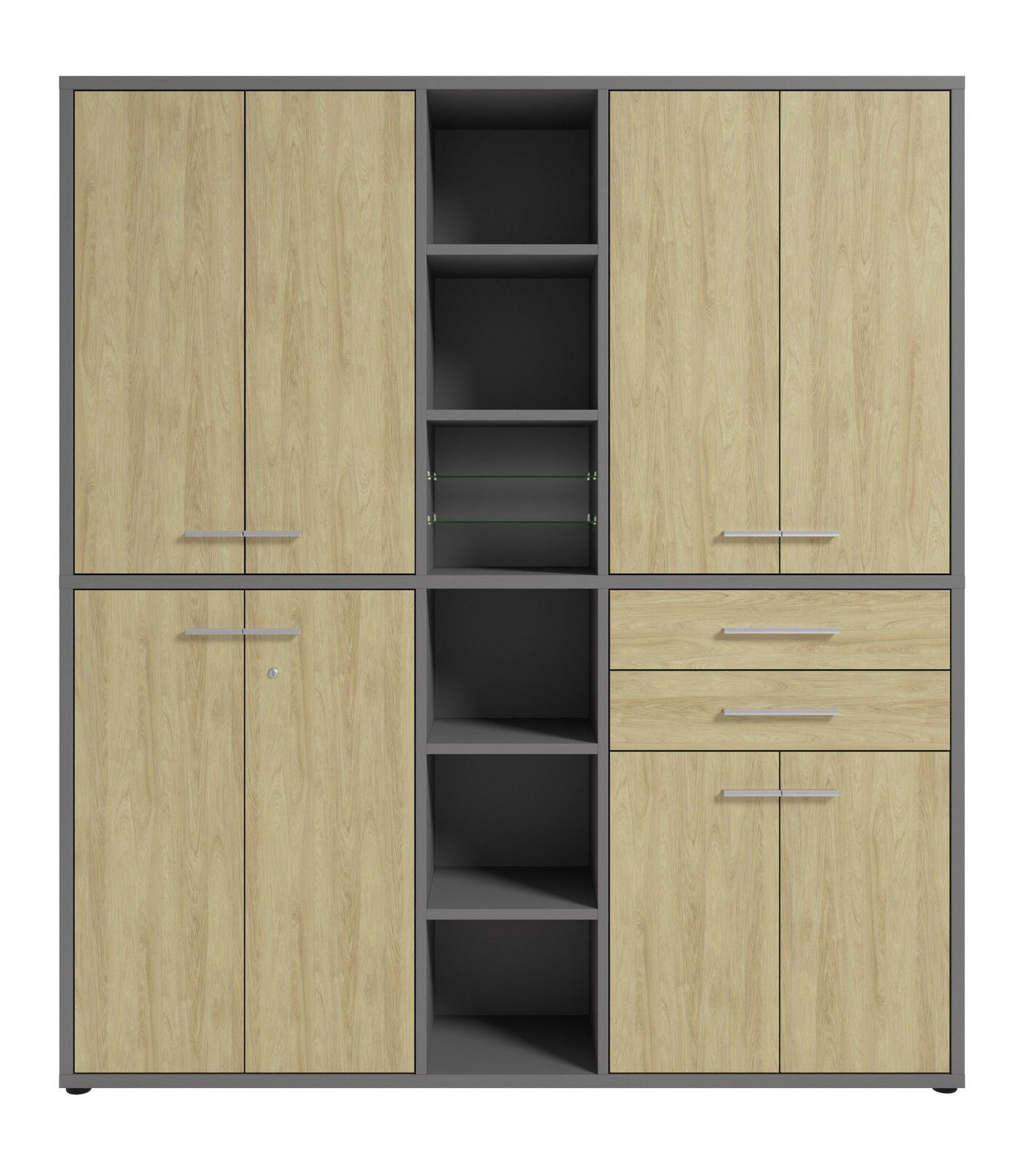 Aktenschrank hoch mit Holzoptik und grauem Rahmen, Frontansicht