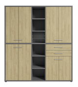 Aktenschrank hoch mit Holzoptik und grauem Rahmen, Frontansicht