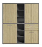 Aktenschrank hoch mit Holzoptik und grauem Rahmen, Frontansicht