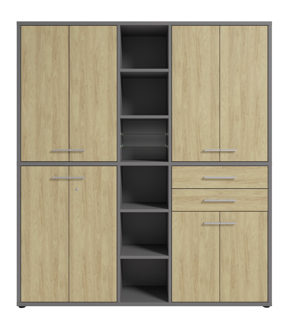Aktenschrank hoch mit Holzoptik und grauem Rahmen, Frontansicht