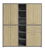 Aktenschrank hoch mit Holzoptik und grauem Rahmen, Frontansicht