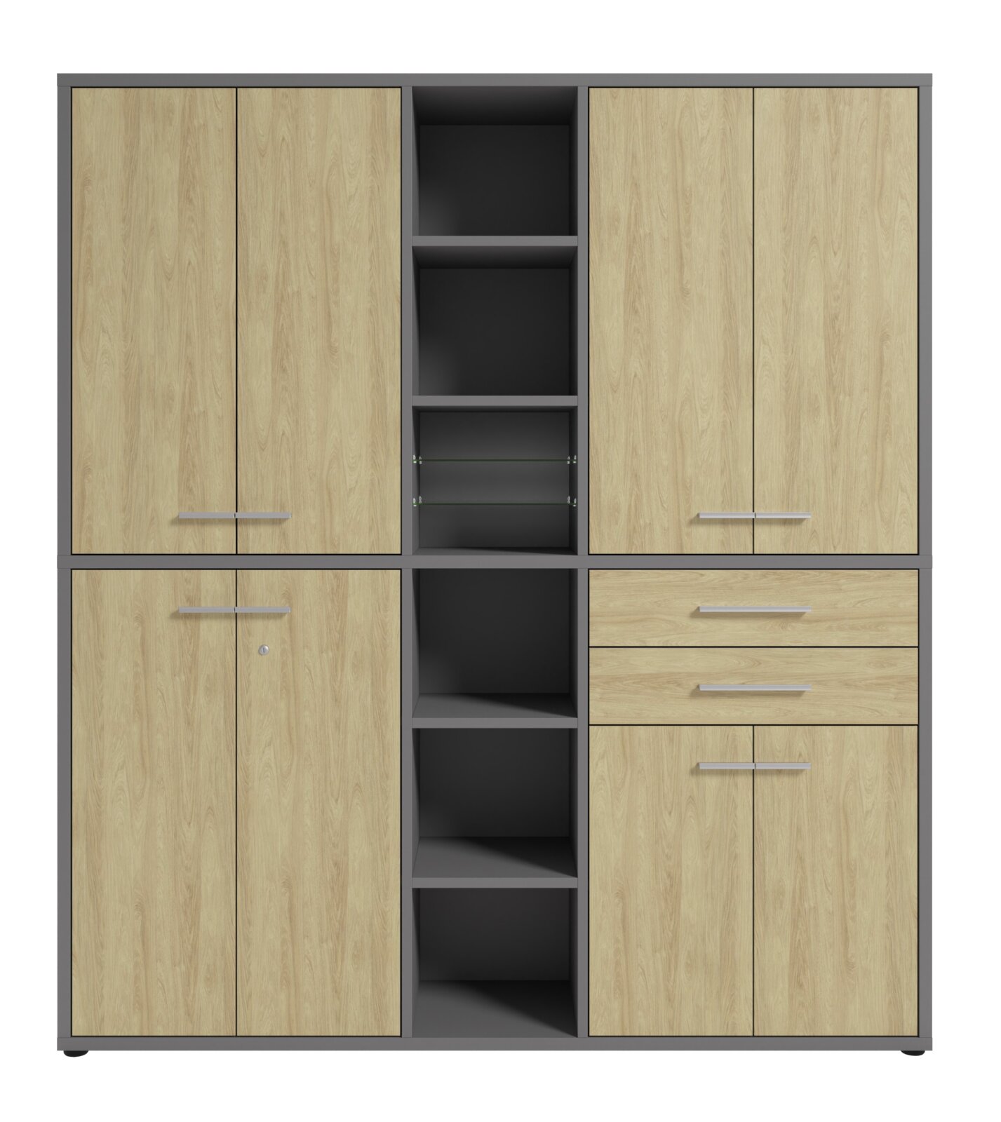 Aktenschrank hoch mit Holzoptik und grauem Rahmen, Frontansicht