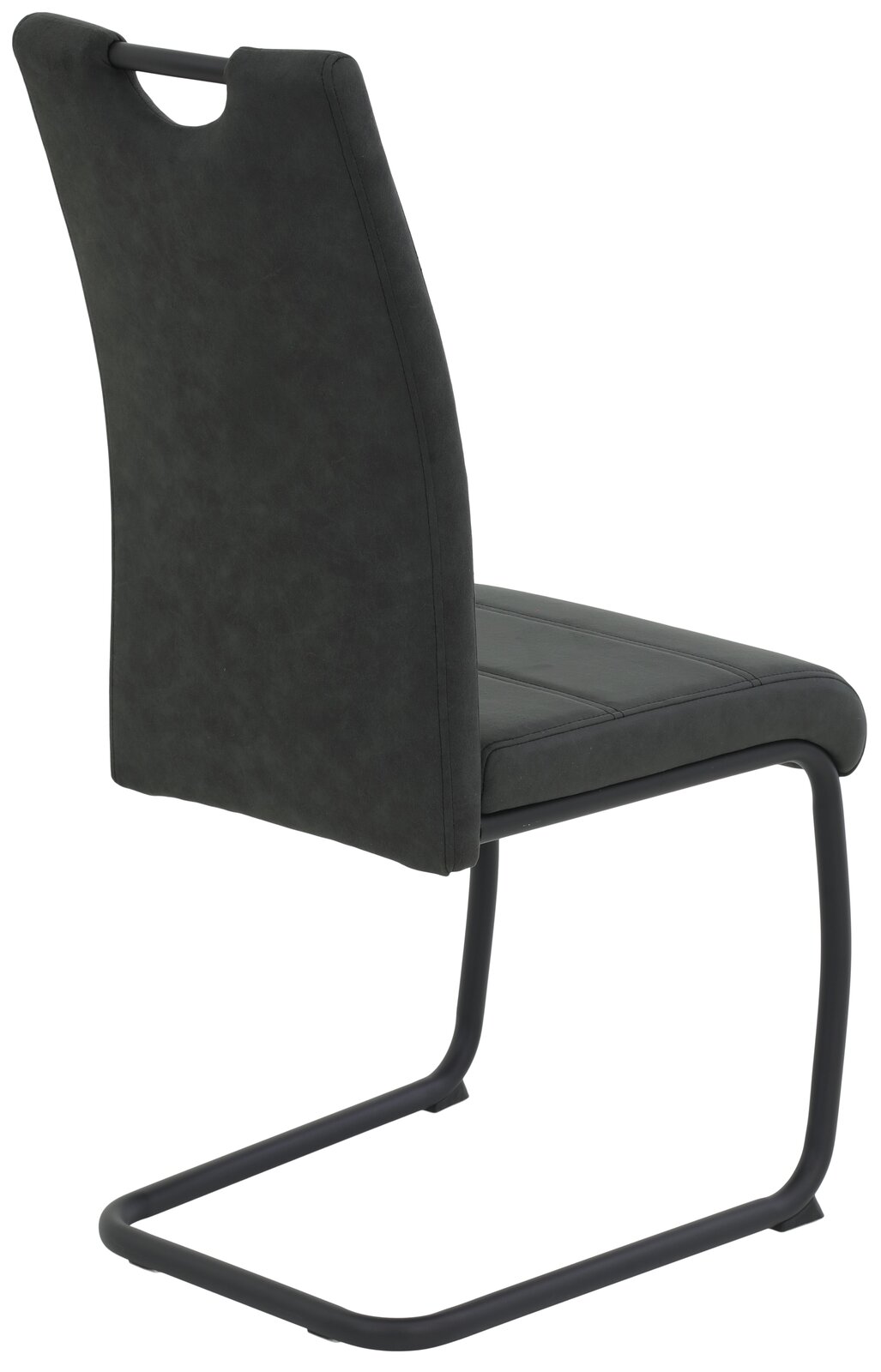 Rückansicht eines modernen Schwingstuhls DUNJA mit schwarzem Bezug und Metallgestell.