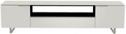 Modernes XL-TV-Lowboard in Weiß mit zwei Türen und einem offenen Fach, frontale Ansicht.