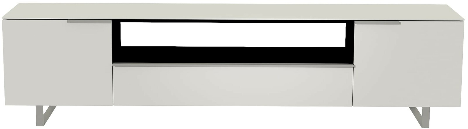 Modernes XL-TV-Lowboard in Weiß mit zwei Türen und einem offenen Fach, frontale Ansicht.