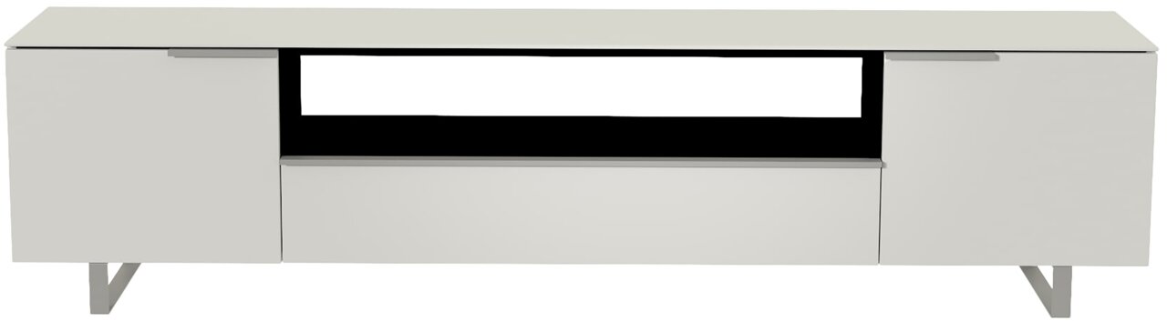 Modernes XL-TV-Lowboard in Weiß mit zwei Türen und einem offenen Fach, frontale Ansicht.