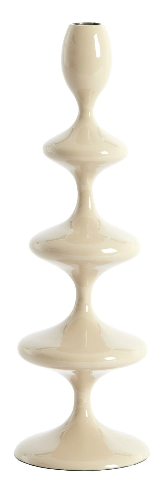 Eleganter, cremefarbener Kerzenständer mit geschwungenem Design, seitliche Perspektive