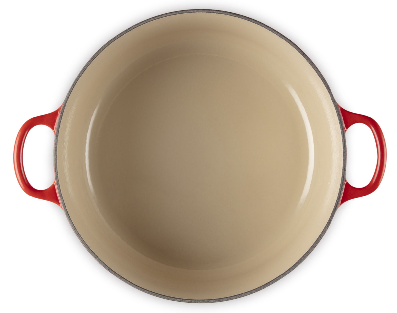 Runder Bräter in Kirschrot, Draufsicht mit zwei Griffen